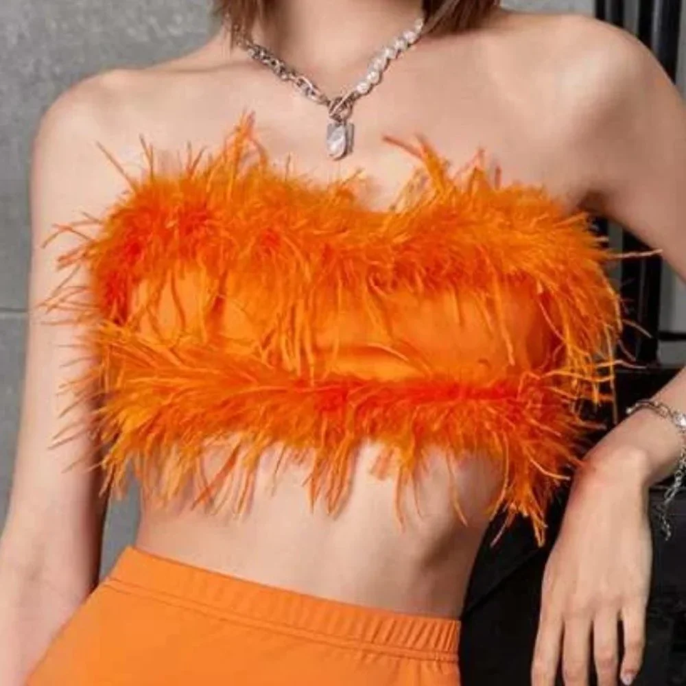 Feather trimmed Mini Skirt and Crop top Orange - Picture 5 of 6